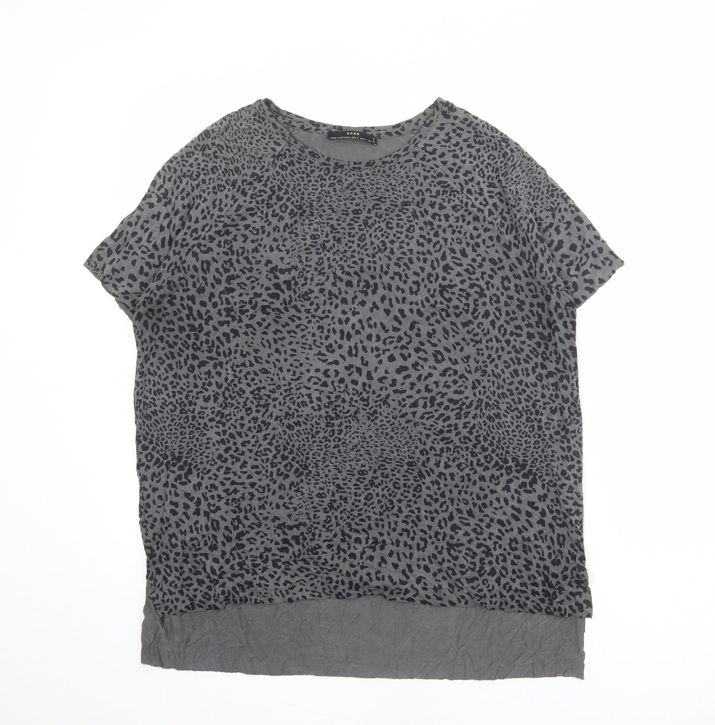 Zara Womens Grey Animal Print Cupro Basic T-Shirt Size S Round Neck - Leopard Print
