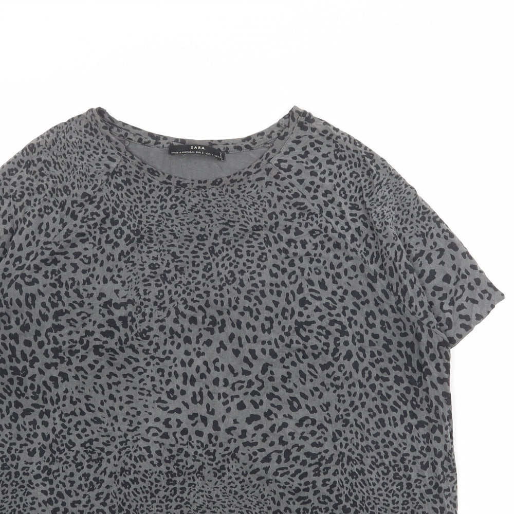 Zara Womens Grey Animal Print Cupro Basic T-Shirt Size S Round Neck - Leopard Print