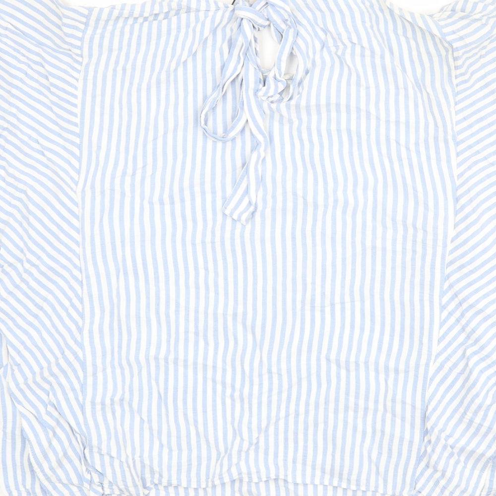 Zara Womens Blue Striped Viscose Basic Blouse Size XL Round Neck