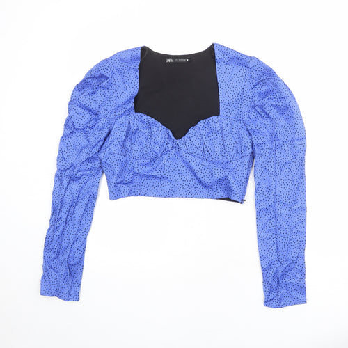Zara Womens Blue Geometric Polyester Cropped Blouse Size M Sweetheart