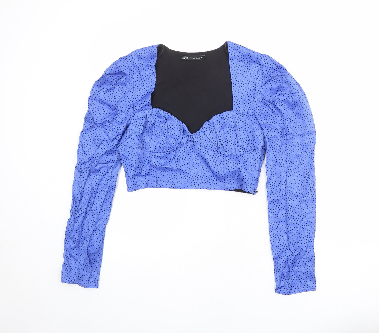 Zara Womens Blue Geometric Polyester Cropped Blouse Size M Sweetheart