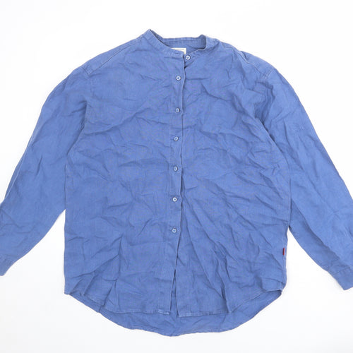 Jackpot Womens Blue Linen Basic Button-Up Size S Round Neck