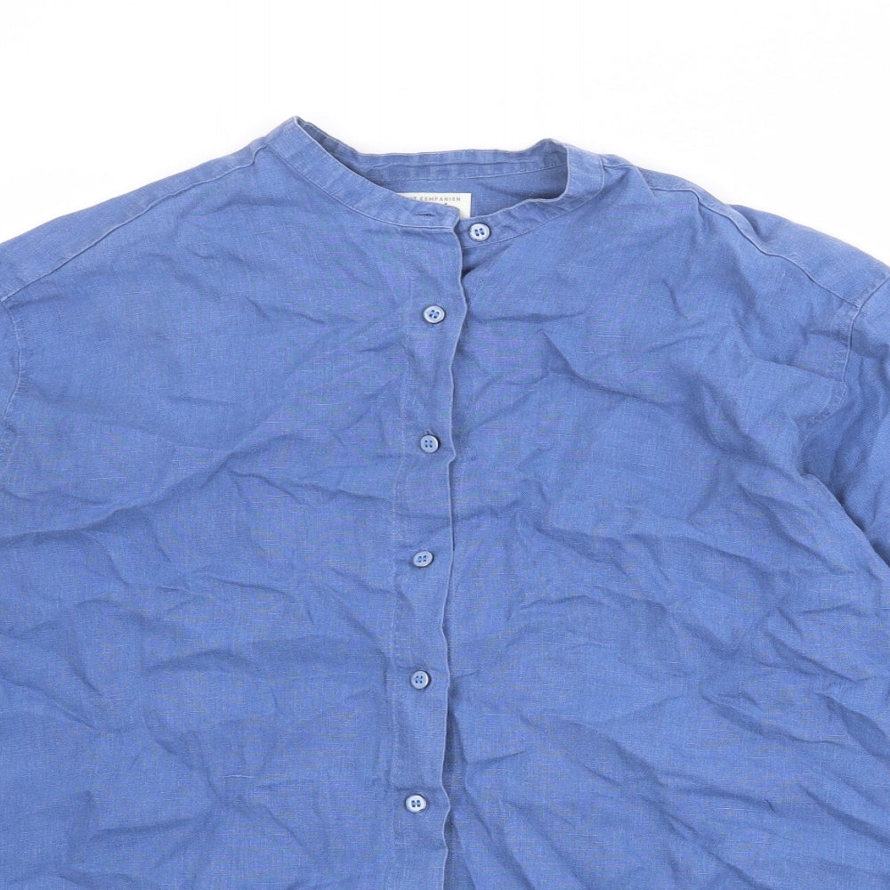 Jackpot Womens Blue Linen Basic Button-Up Size S Round Neck