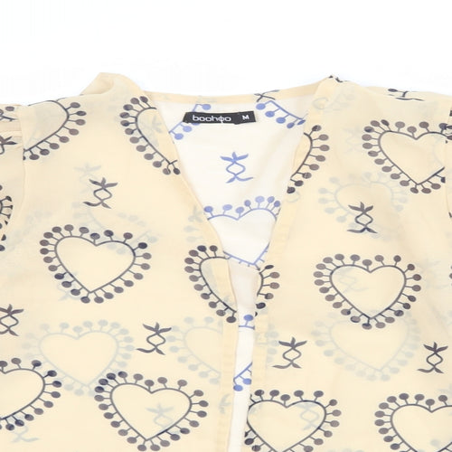 Boohoo Womens Beige Geometric Polyester Basic Blouse Size M V-Neck - Heart Pattern