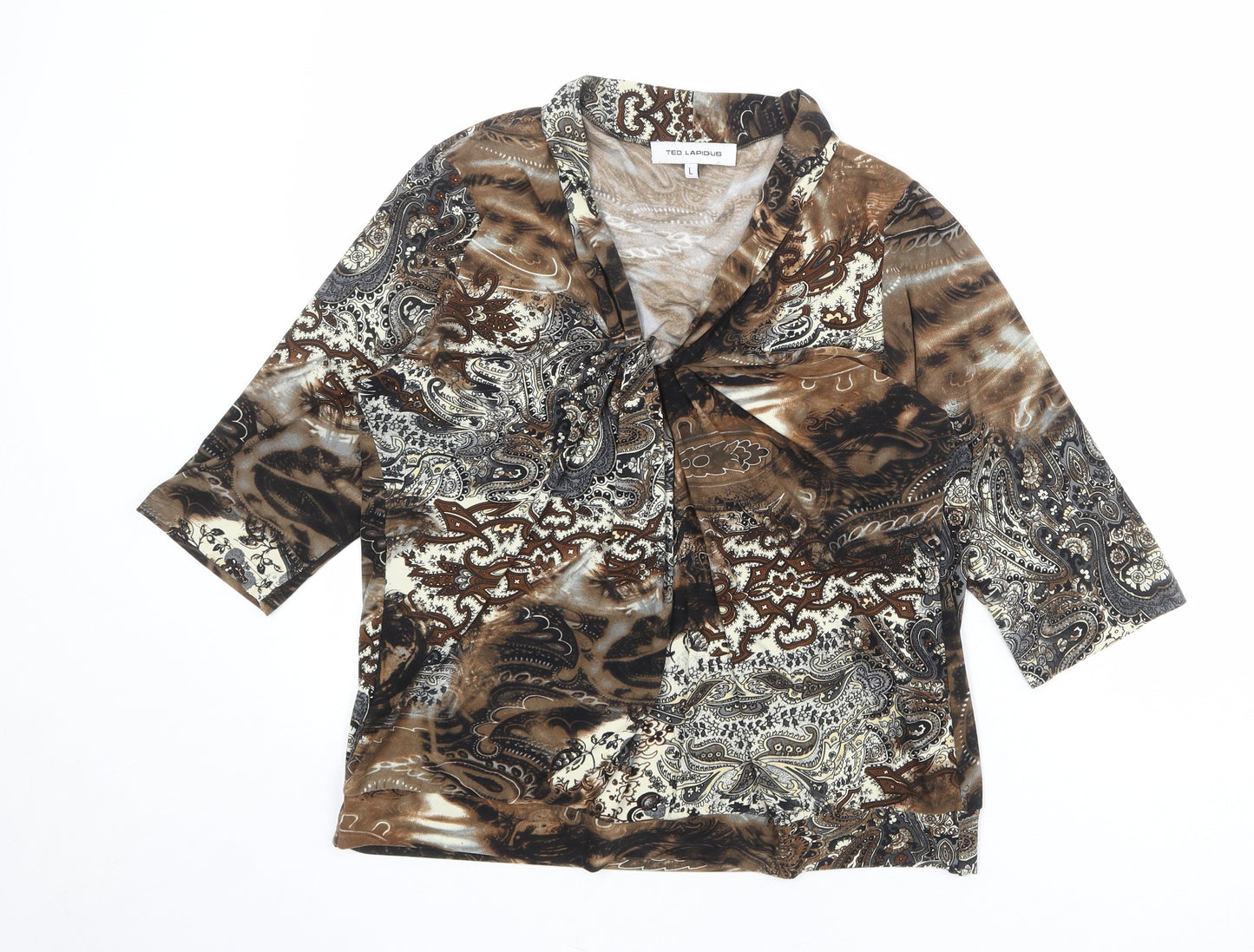TED LAPIDUS Womens Multicoloured Geometric Polyester Basic Blouse Size L V-Neck