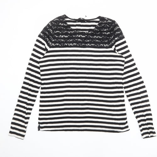 Very Womens Black Striped Viscose Basic T-Shirt Size 14 Round Neck - Lace Trim