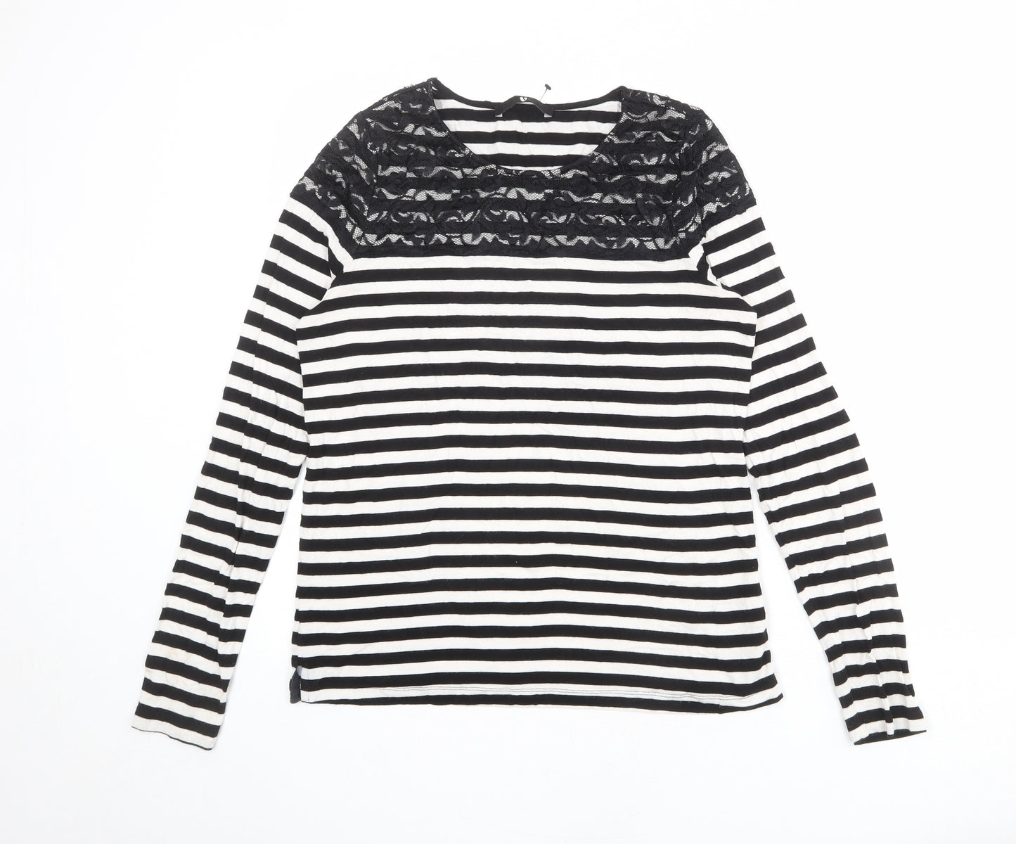 Very Womens Black Striped Viscose Basic T-Shirt Size 14 Round Neck - Lace Trim