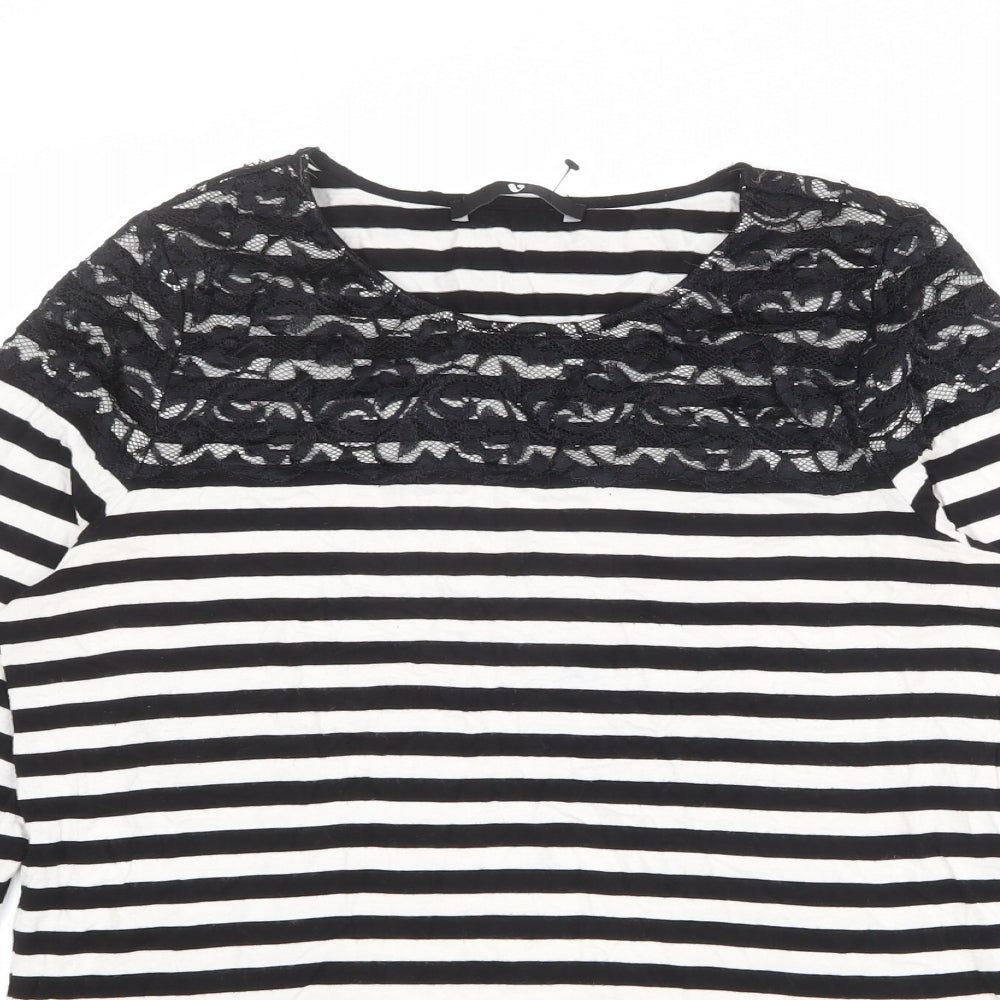 Very Womens Black Striped Viscose Basic T-Shirt Size 14 Round Neck - Lace Trim