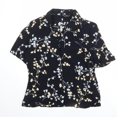 St Michael Womens Blue Floral Viscose Basic Button-Up Size 14 Collared