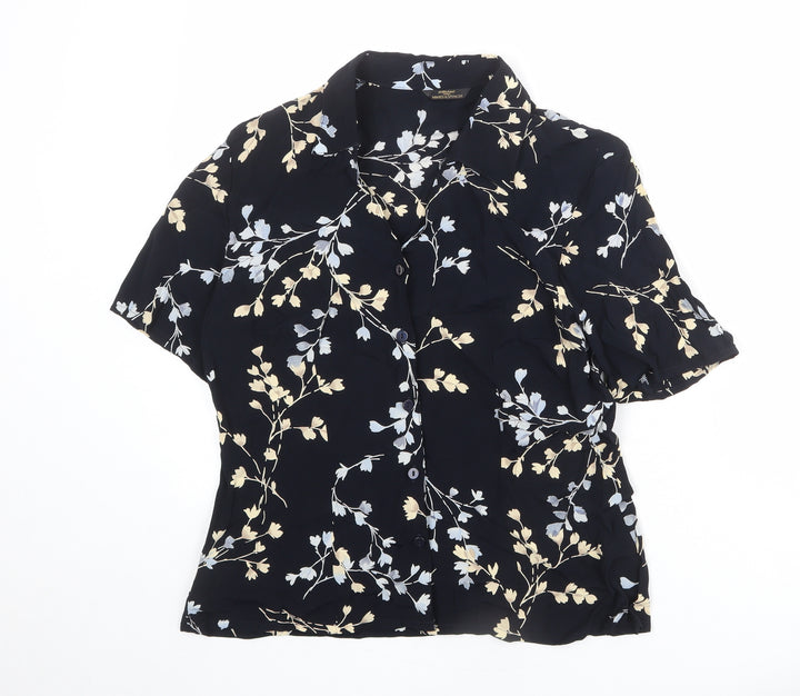 St Michael Womens Blue Floral Viscose Basic Button-Up Size 14 Collared