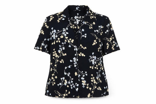 Front view of St Michael women’s blue floral viscose basic button-up, size UK 14, collared