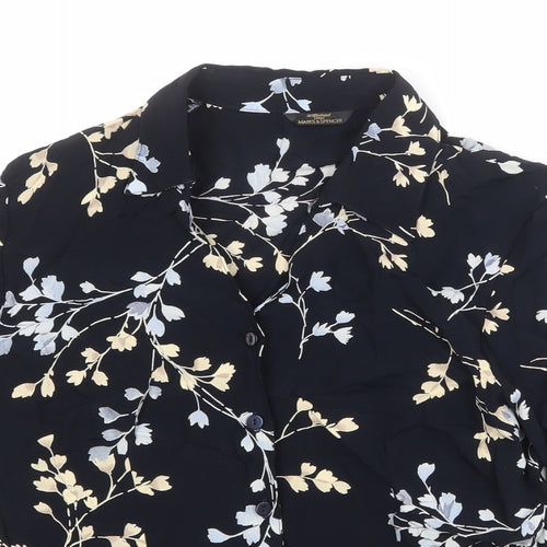 St Michael Womens Blue Floral Viscose Basic Button-Up Size 14 Collared