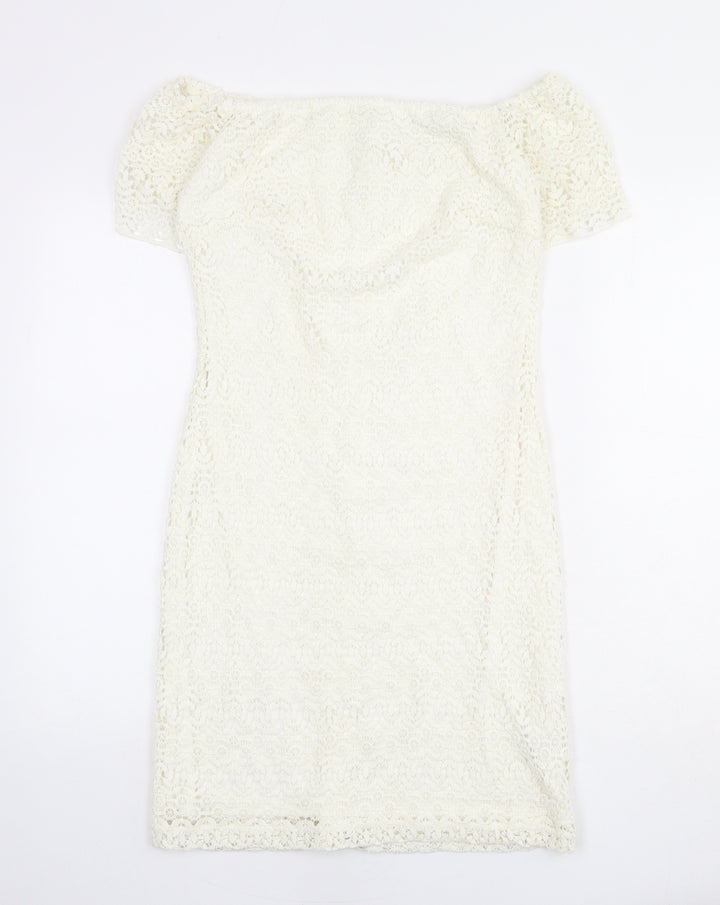 Zara Womens Ivory Polyester Shift Size L Off the Shoulder Zip