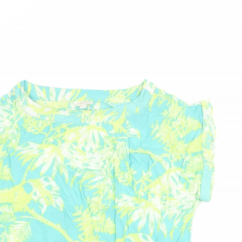 Monsoon Womens Multicoloured Geometric Viscose Basic T-Shirt Size S Round Neck - Leaf Print