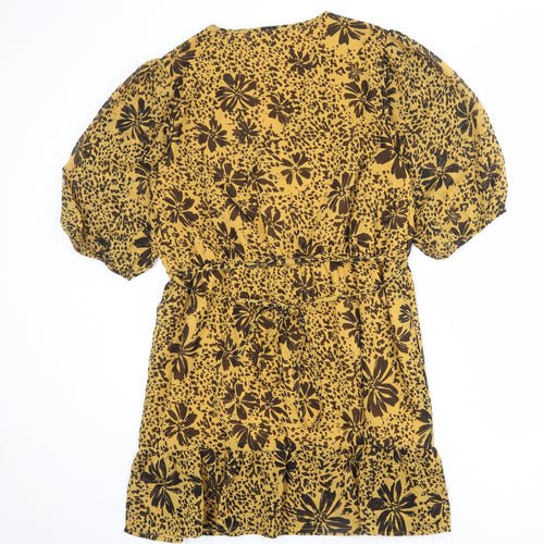 Quiz Womens Yellow Floral Polyester A-Line Size 14 V-Neck Pullover - Puff Sleeve