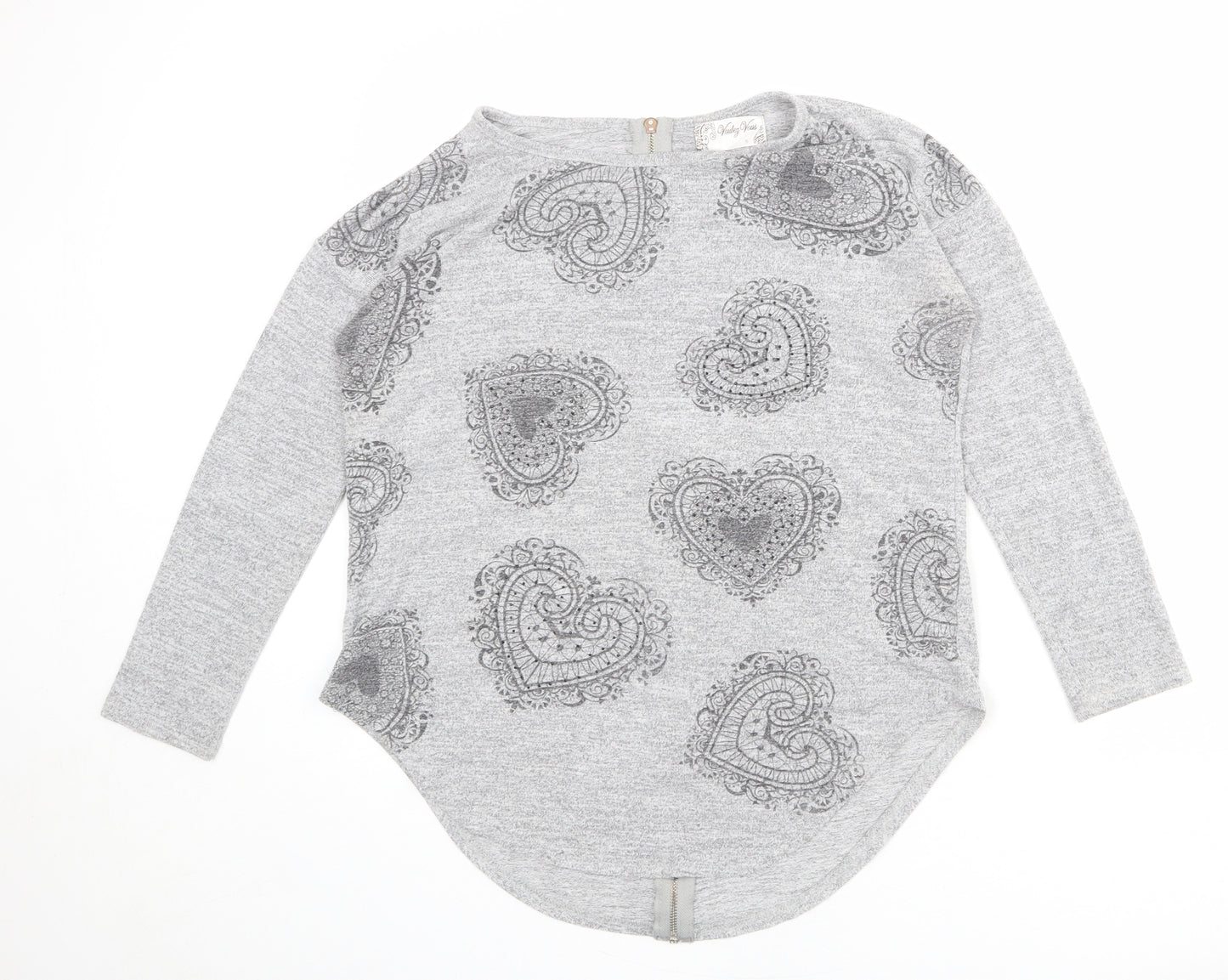 Vouley Vous Womens Grey Round Neck Geometric Viscose Pullover Jumper Size S - Heart Pattern