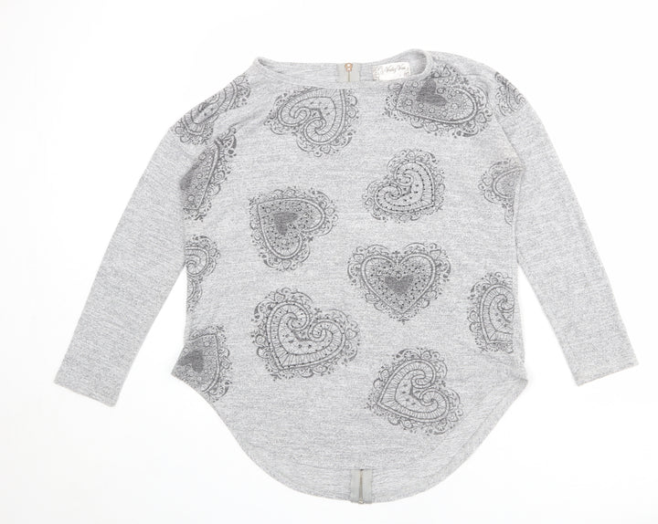 Vouley Vous Womens Grey Round Neck Geometric Viscose Pullover Jumper Size S - Heart Pattern