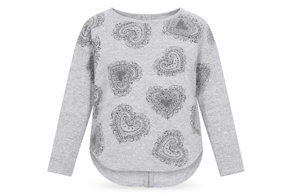 Front view of Vouley Vous women’s grey round neck geometric viscose jumper, size S, - heart pattern