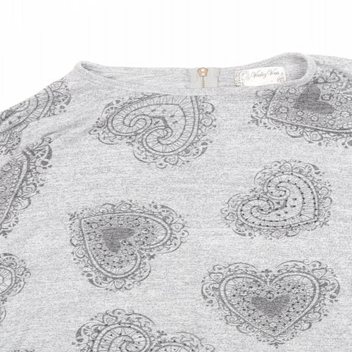 Vouley Vous Womens Grey Round Neck Geometric Viscose Pullover Jumper Size S - Heart Pattern