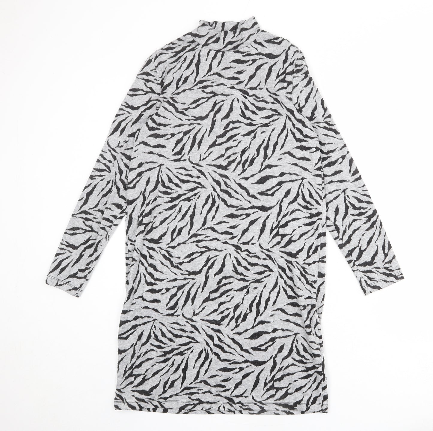Marks and Spencer Womens Grey Animal Print Polyester Jumper Dress Size 10 Mock Neck Pullover