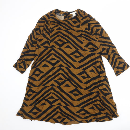 H&M Womens Brown Geometric Viscose Trapeze & Swing Size 14 Round Neck Button