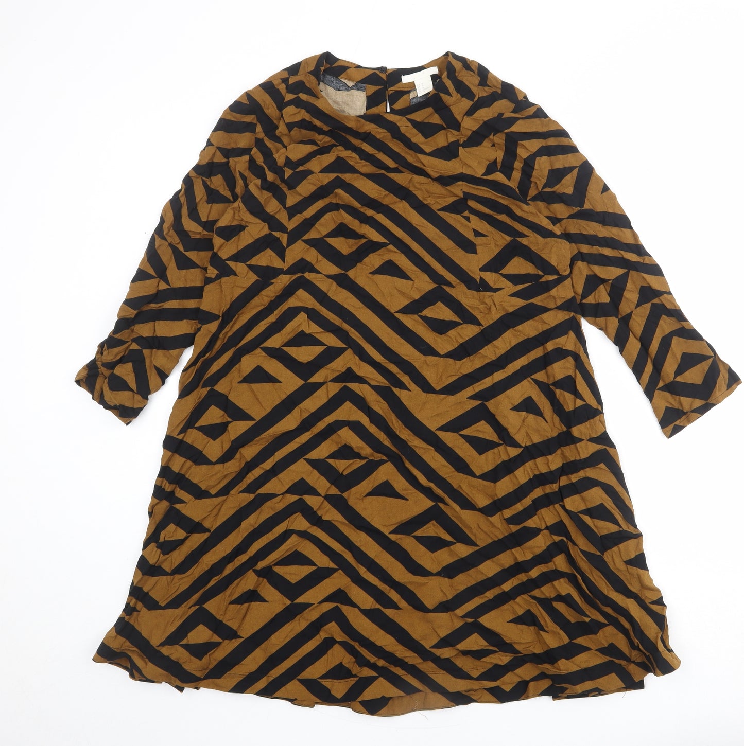 H&M Womens Brown Geometric Viscose Trapeze & Swing Size 14 Round Neck Button