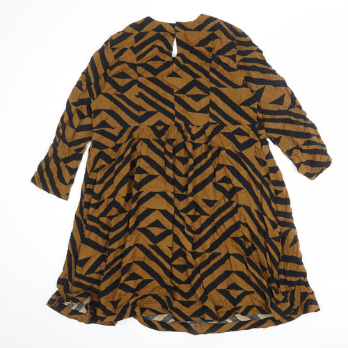 H&M Womens Brown Geometric Viscose Trapeze & Swing Size 14 Round Neck Button