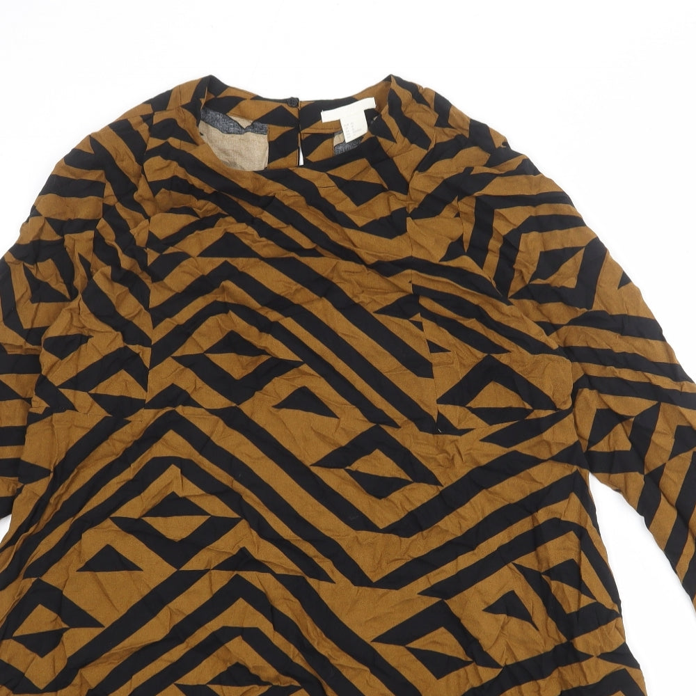 H&M Womens Brown Geometric Viscose Trapeze & Swing Size 14 Round Neck Button