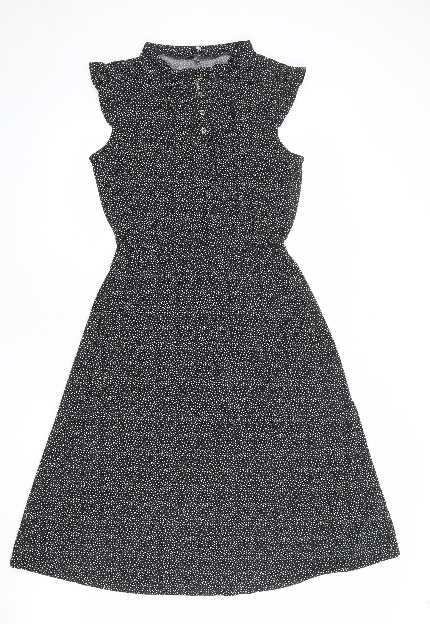 Adrianna Papell Womens Black Geometric Polyester Fit & Flare Size S Mock Neck Button