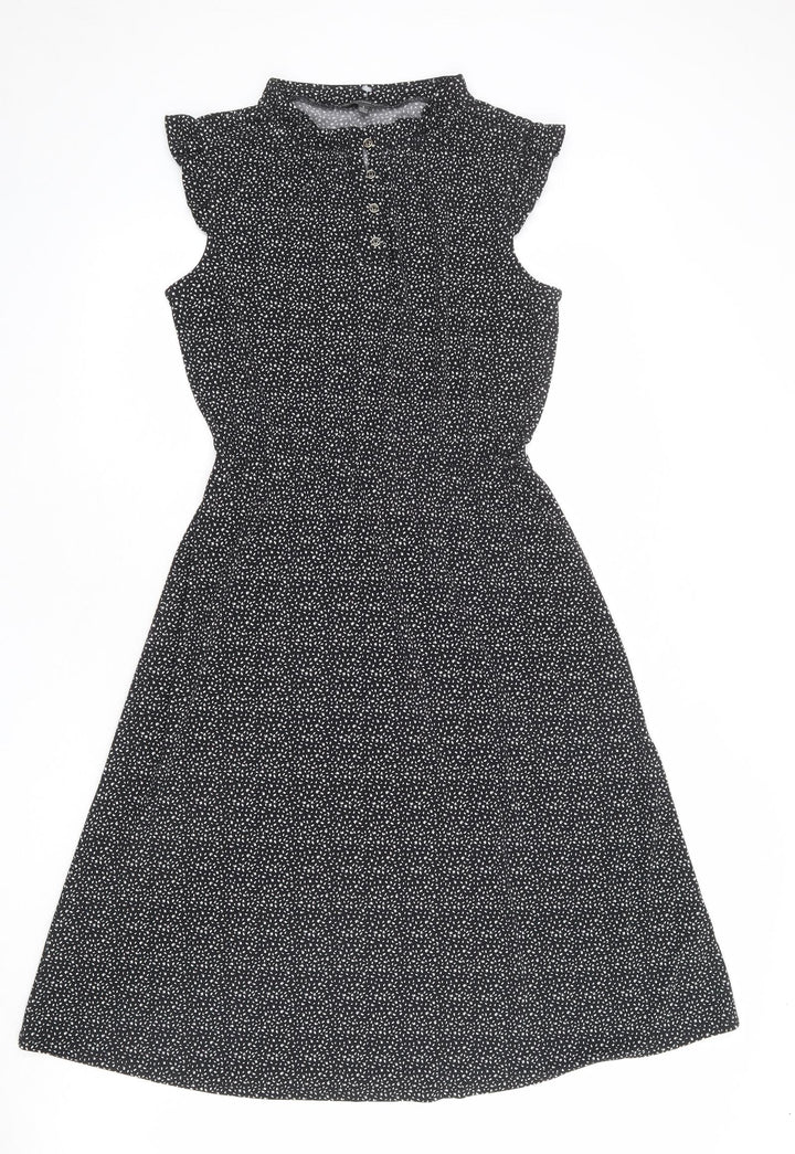 Adrianna Papell Womens Black Geometric Polyester Fit & Flare Size S Mock Neck Button