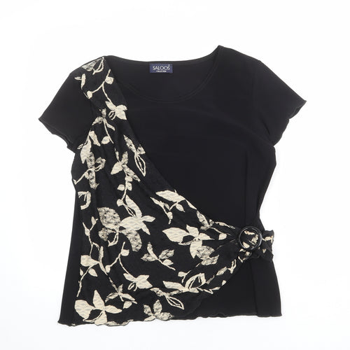 Saloos Womens Black Geometric Polyester Basic T-Shirt Size M Round Neck