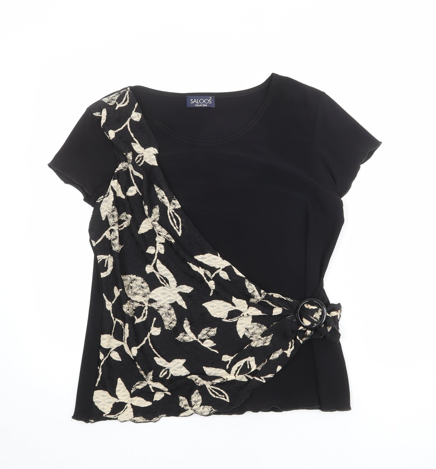 Saloos Womens Black Geometric Polyester Basic T-Shirt Size M Round Neck