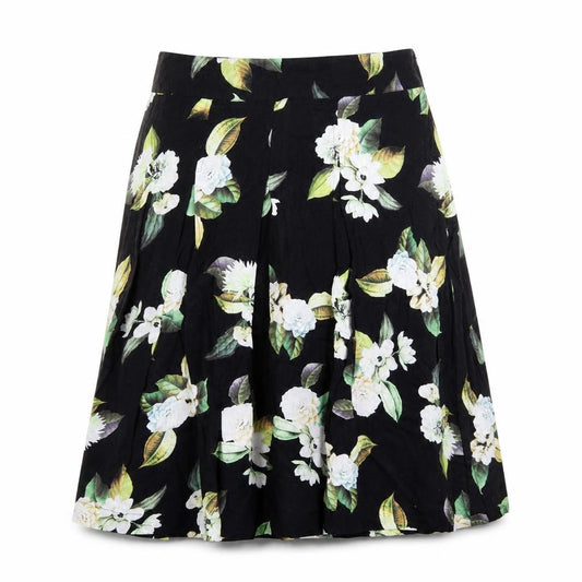 Front view of Phase Eight women’s black floral cotton swing skirt, size UK 10, zip