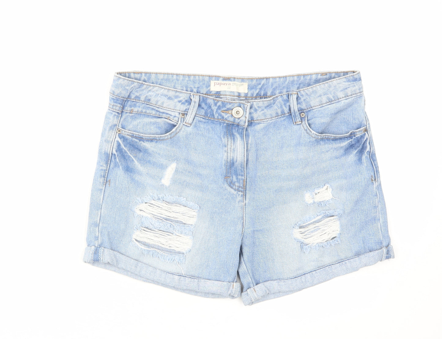 Papaya Womens Blue Cotton Mom Shorts Size 12 L4 in Regular Zip - Distressed