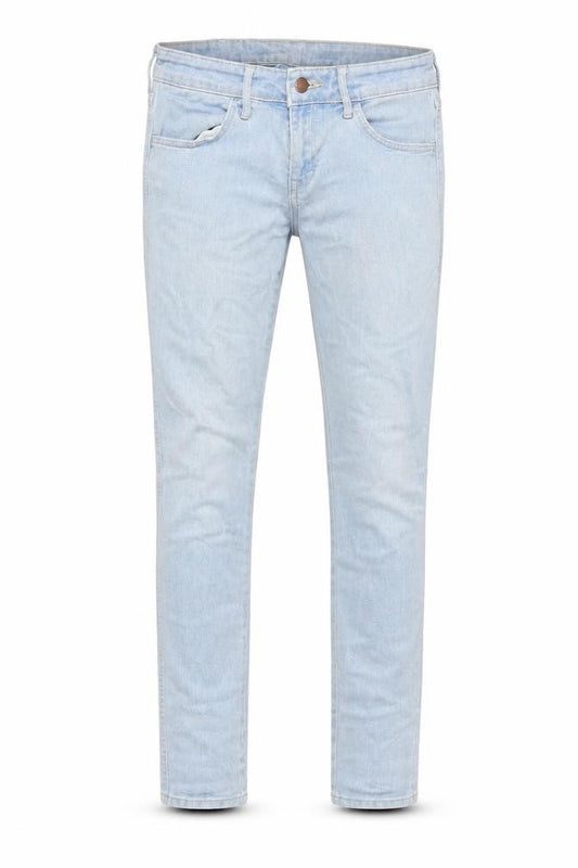 Front view of H&M women’s blue cotton skinny jeans, size UK 27, in, 32-inch leg regular zip