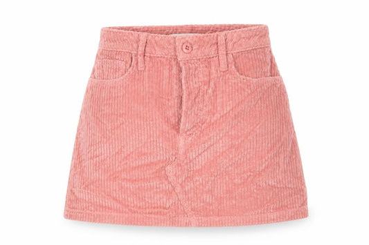 Front view of Grlfrnd women’s pink cotton mini skirt, size UK 26, in button