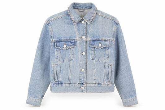 Front view of Topshop women’s blue jacket, size UK 8, button