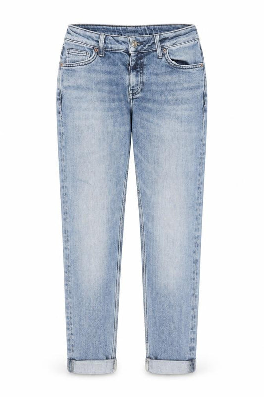 Front view of Topshop women’s blue cotton straight jeans, size UK 26, in, 32-inch leg regular zip