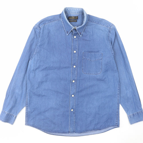 Marks and Spencer Mens Blue Cotton Button-Up Size L Collared Button