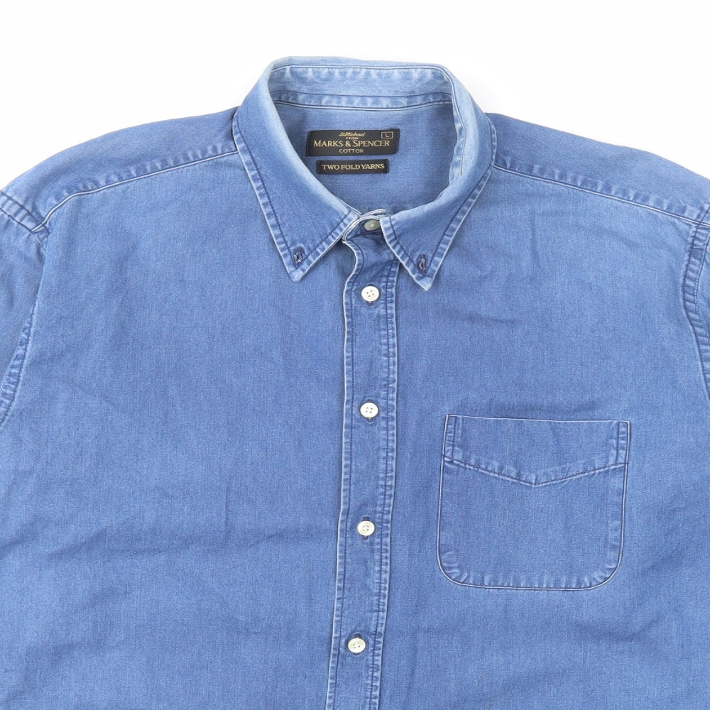 Marks and Spencer Mens Blue Cotton Button-Up Size L Collared Button