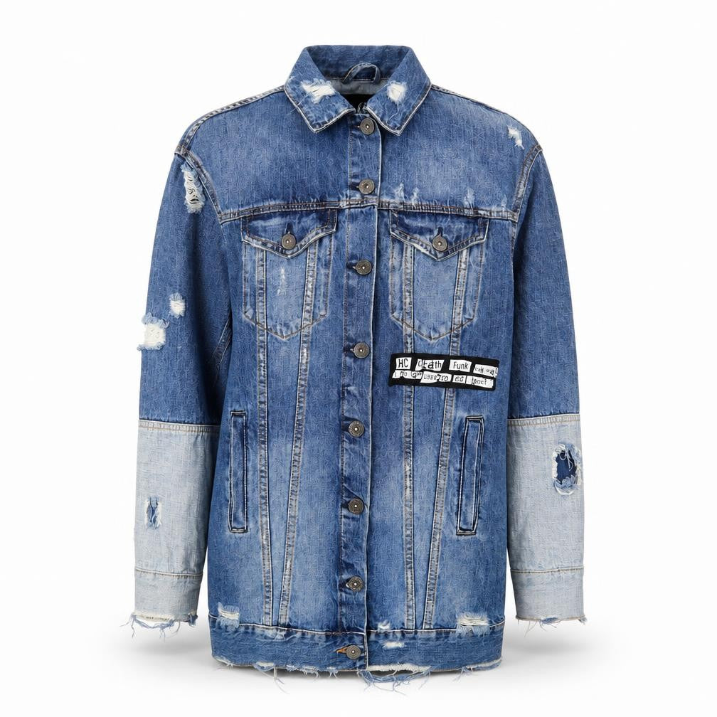 Front view of RESERVED women’s blue jacket, size UK 6, button - distressed