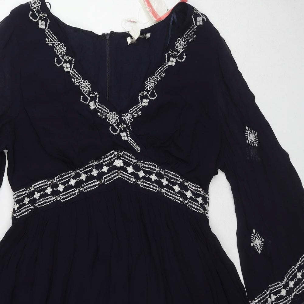 Monsoon Womens Blue Geometric Polyester A-Line Size 16 V-Neck Zip - Flared Sleeve