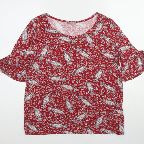 ORSAY Womens Red Paisley Viscose Basic Blouse Size L Boat Neck - Tie Sleeve Detail