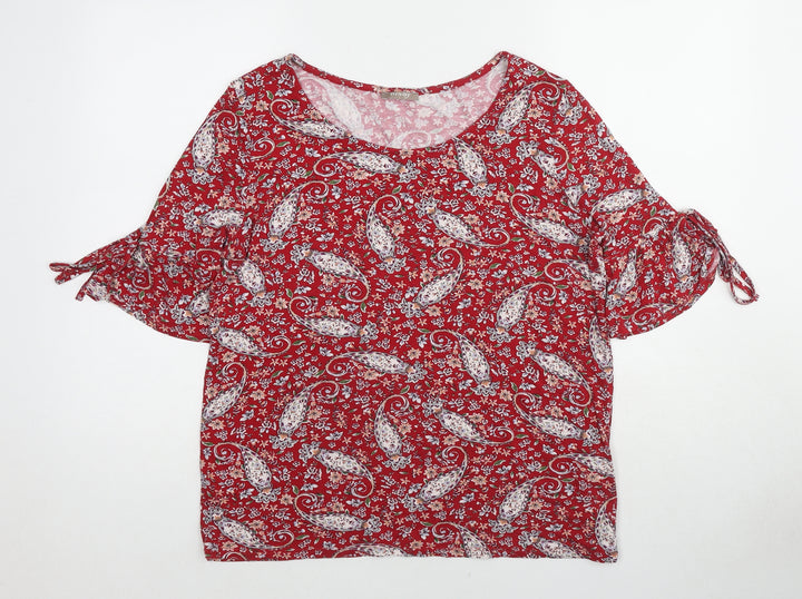 ORSAY Womens Red Paisley Viscose Basic Blouse Size L Boat Neck - Tie Sleeve Detail