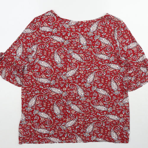ORSAY Womens Red Paisley Viscose Basic Blouse Size L Boat Neck - Tie Sleeve Detail