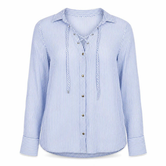Front view of Body Flirt women’s blue striped viscose basic button-up, size UK 6, collared