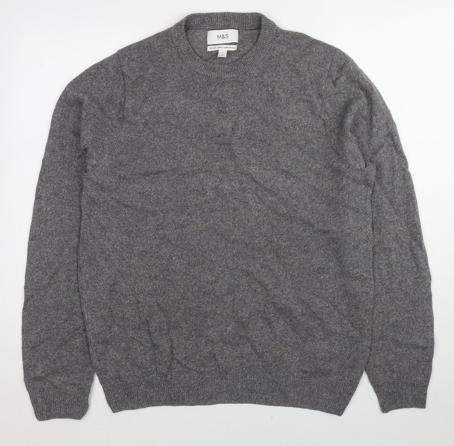 Marks and Spencer Mens Grey Round Neck Wool Pullover Jumper Size L Long Sleeve