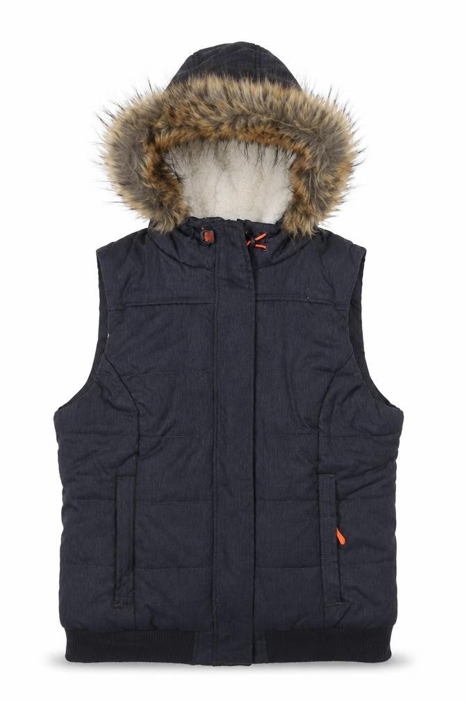 Front view of Avenue women’s blue gilet jacket, size UK 12, zip