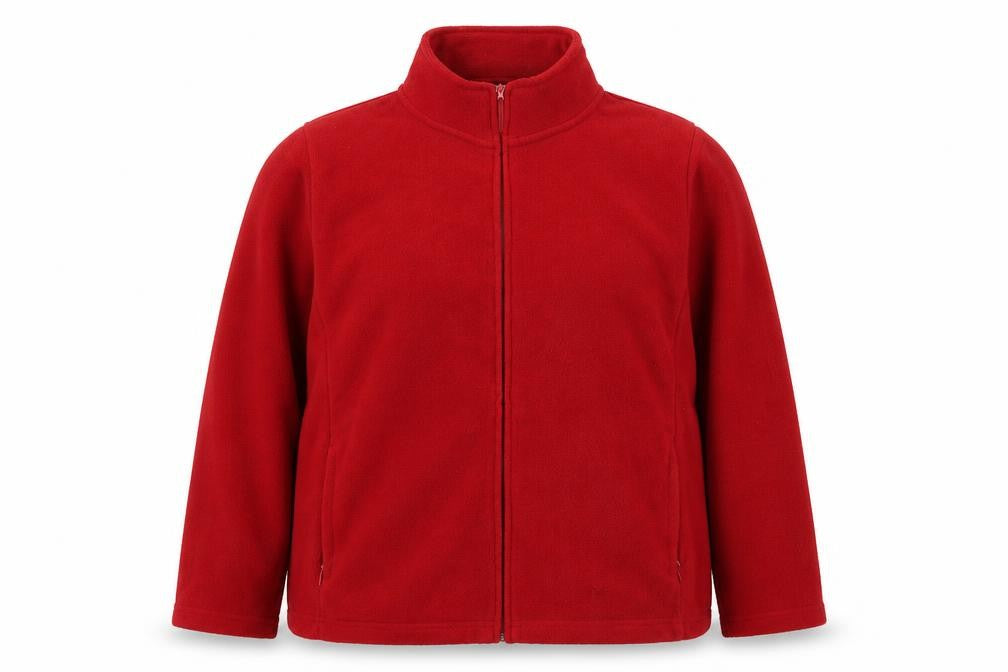 Front view of EWM women’s red jacket, size UK 18, zip -, size UK 18-20