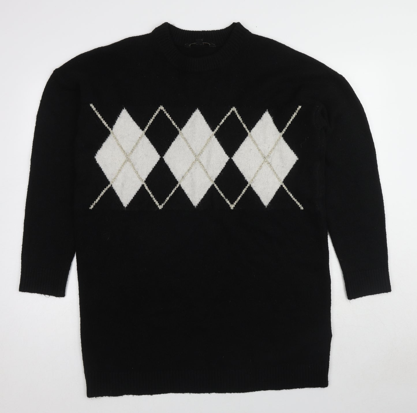 Lipsy Womens Black Round Neck Argyle/Diamond Viscose Pullover Jumper Size 14